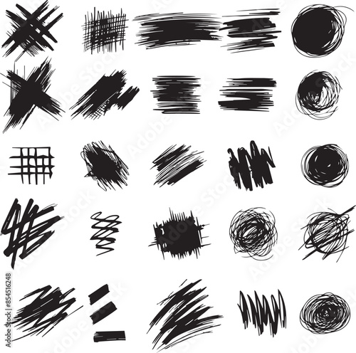 Grunge scrawls, charcoal scribbles, rough brush strokes, underlines strikethroughs. Bold charcoal freehand stripes and ink shapes. Crayon or marker scribbles. Vector illustration.