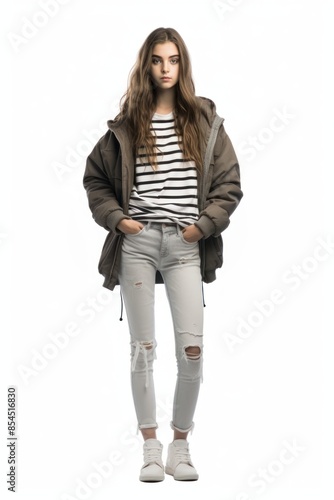 A female teen fashion jacket sleeve jeans.