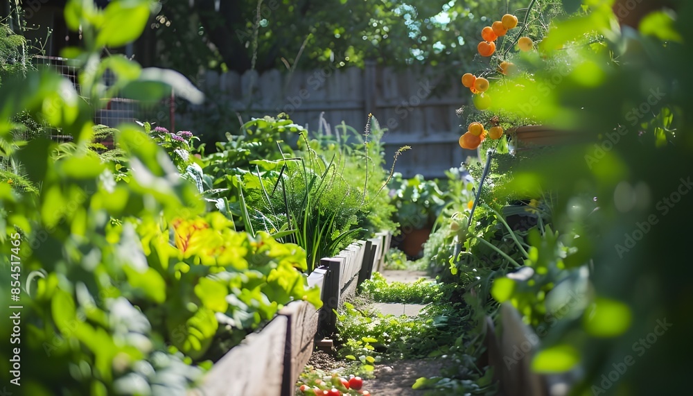 Obraz premium Bright Green backyard vegetable garden.