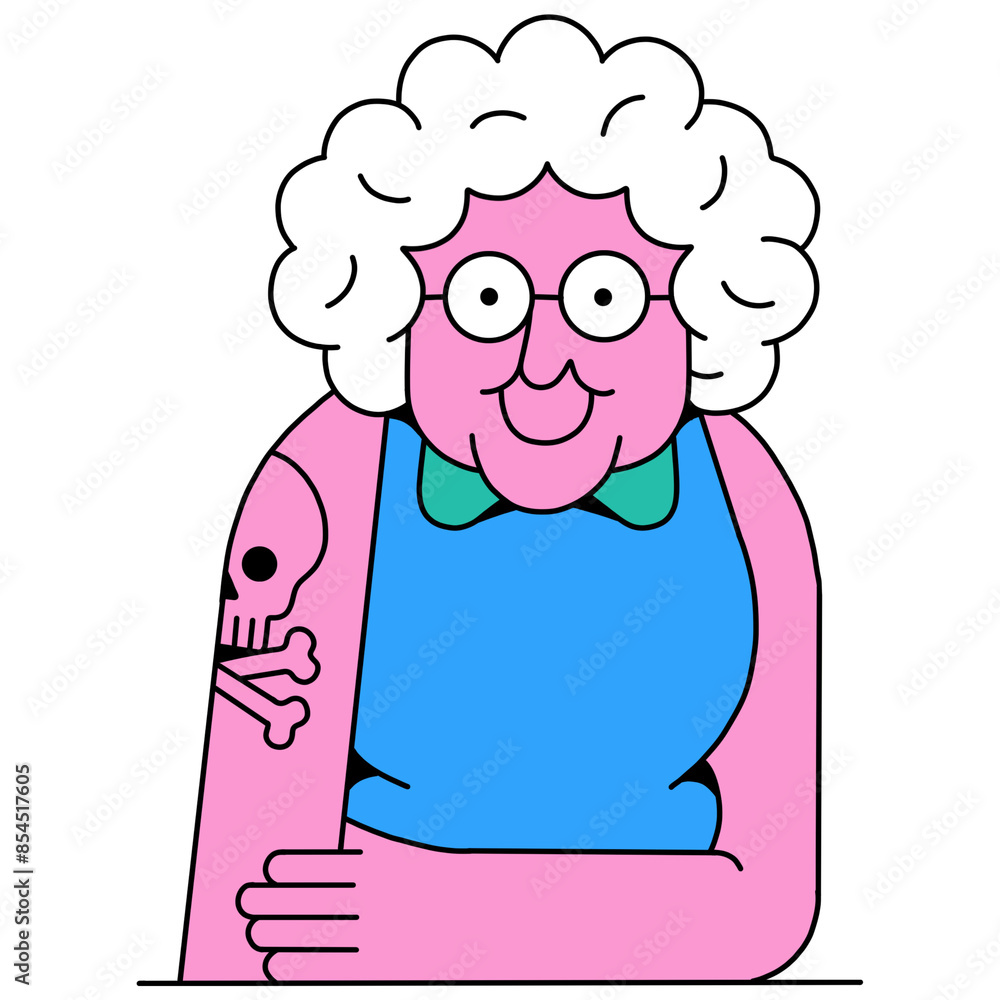 Pink-Skinned Old Woman with Skull Tattoo Illustration Pink-Skinned Old Woman with Skull Tattoo Illustration