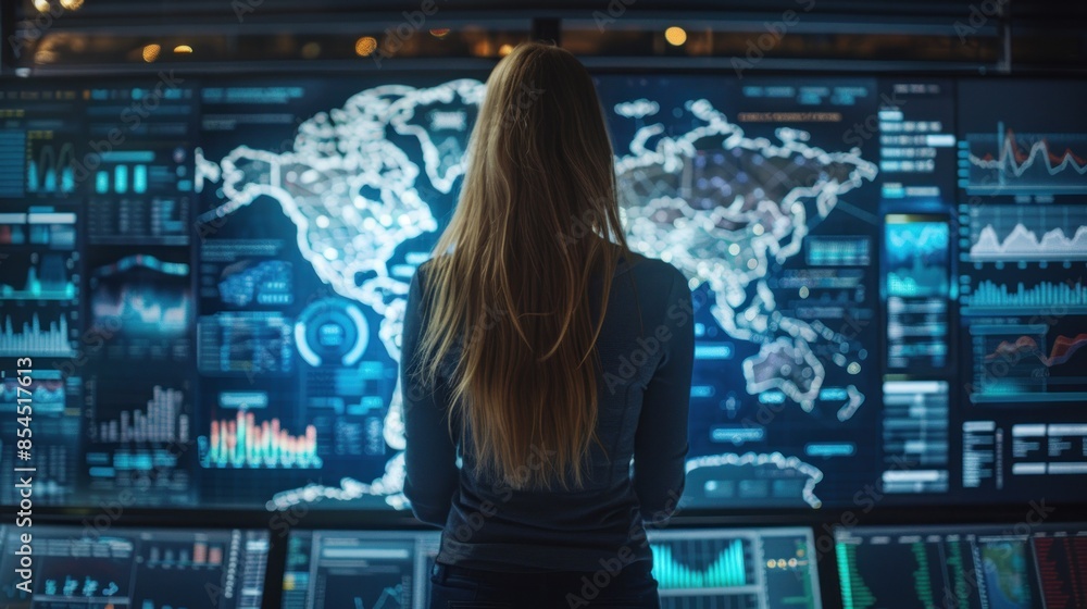 Woman Studying Global Data on a Large Screen Woman Studying Global Data on a Large Screen