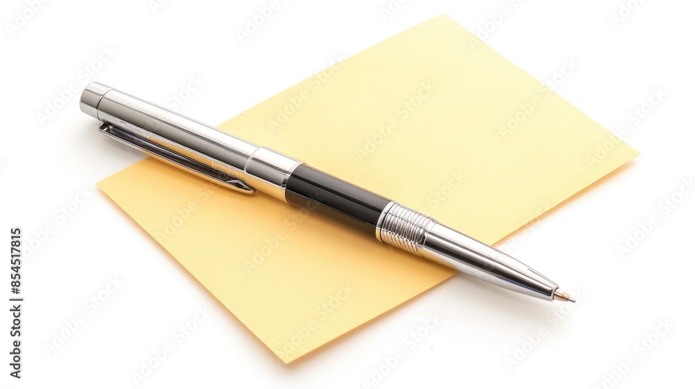 Paper sticker and pen shown in isolation on a white background Paper sticker and pen shown in isolation on a white background