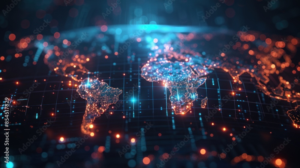 Digital World Map with Glowing Cities Digital World Map with Glowing Cities