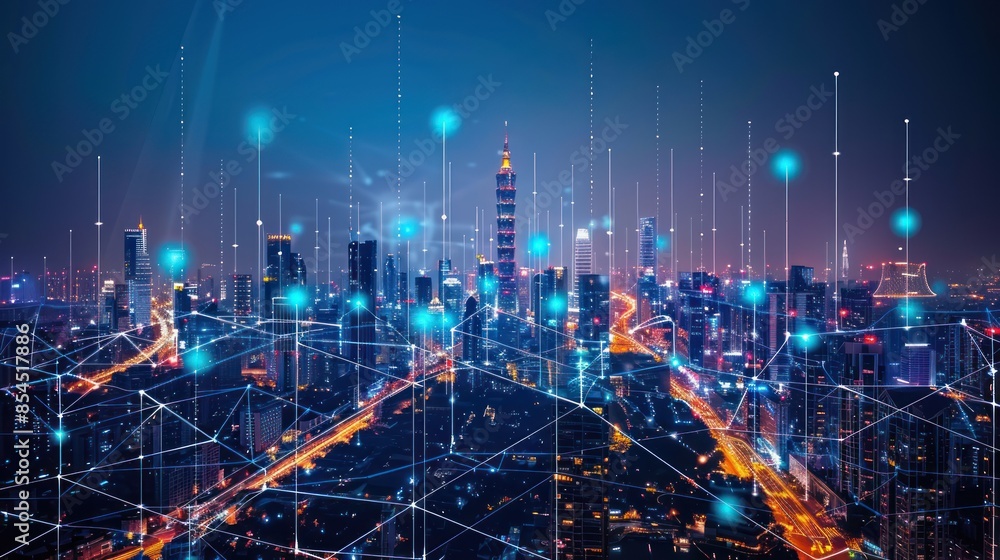 Night Cityscape with Digital Network