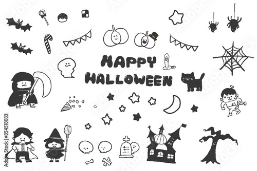 モノクロ版ぬり絵みたいなハロウィンのかわいいアイコンセット