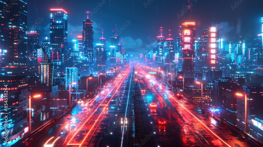 Fototapeta premium Neon Cityscape: Futuristic Highway Under a Rainy Night