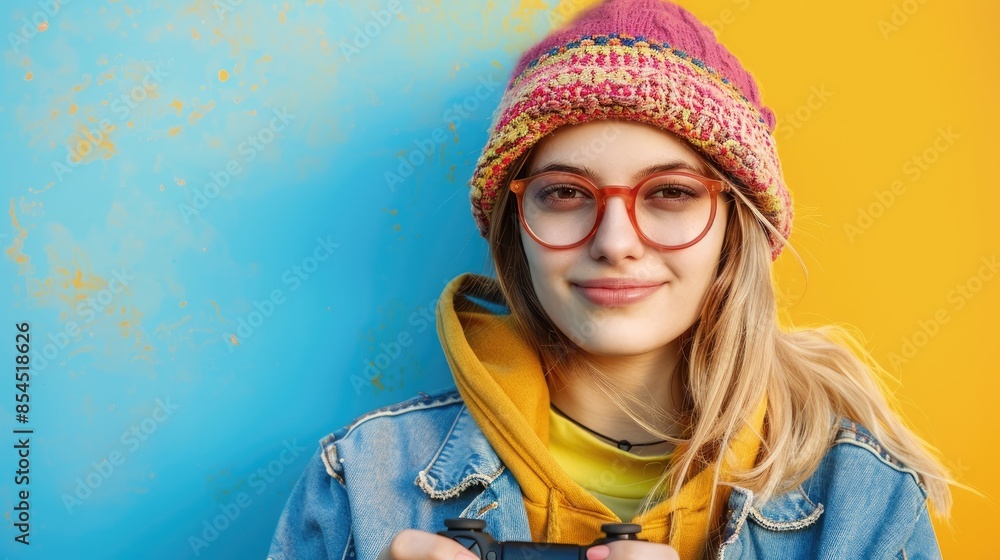 Stylish girl holding game controller in cropped photo against bright background with space for text Stylish girl holding game controller in cropped photo against bright background with space for text