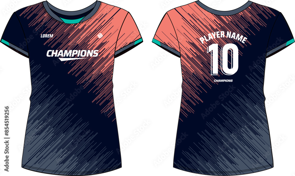 Women Sport Jersey t shirt design flat sketch Illustration degrade stripe pattern Round neck t shirt for girls and Ladies Volleyball jersey Football badminton Soccer and netball Sport uniform kit Stoc...