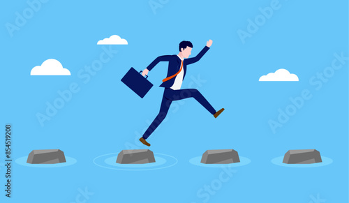 Businessman challenge - Determined and ambitious business person jumping over obstacle stepping stones with ambition of going forward overcome work problem. Flat design vector illustration