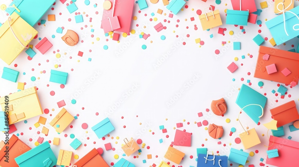 Colorful festive background with various gift boxes and confetti on white backdrop, perfect for celebrations and holiday themes. Colorful festive background with various gift boxes and confetti on white backdrop, perfect for celebrations and holiday themes.
