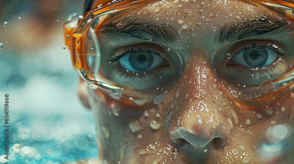 A close-up shot of a swimmer's determined face as they surface for a breath during a race. The water droplets glisten on their goggles and swim cap, capturing the intensity of the moment. The A close-up shot of a swimmer's determined face as they surface for a breath during a race. The water droplets glisten on their goggles and swim cap, capturing the intensity of the moment. The