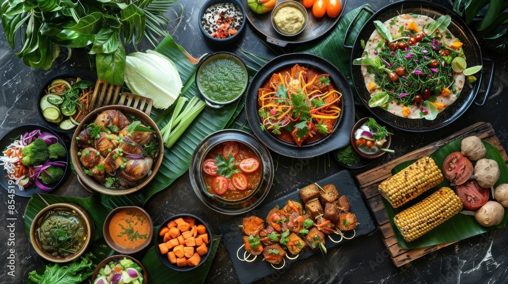 A Vibrant Spread of Asian Cuisine on a Dark Background A Vibrant Spread of Asian Cuisine on a Dark Background