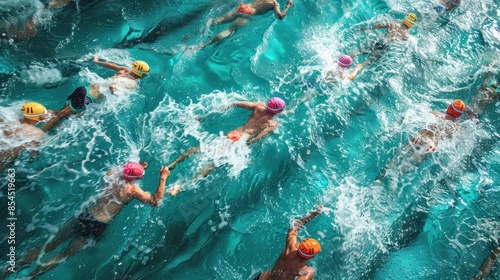 A high-angle view of multiple swimmers racing in a pool, their synchronized movements creating a captivating pattern of splashes and ripples. The clear blue water contrasts with the colorful swim photo