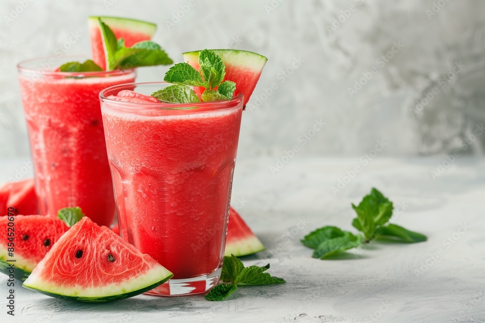 Two Glass of Refreshing watermelon Smoothies with Mint, Fresh watermelon, and a White Background. Two Glass of Refreshing watermelon Smoothies with Mint, Fresh watermelon, and a White Background.
