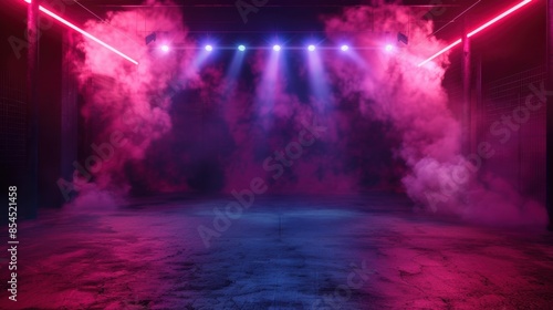 An empty dark scene, neon light, spotlights, The asphalt floor and studio room with smoke float up the interior