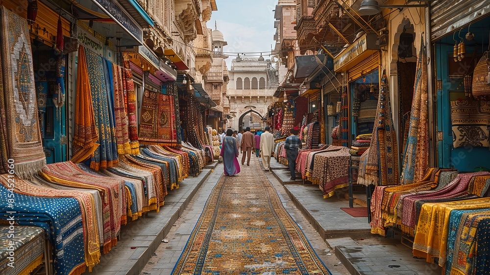 Fototapeta premium Busy street market with vibrant fabrics and traditional architecture