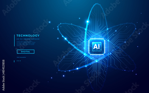 Ai chip and abstract digital atom icon on technology background. Science tech bg. Circuit light lines and cpu processor. Artificial Intelligence innovation concept. 3D wireframe vector illustration.