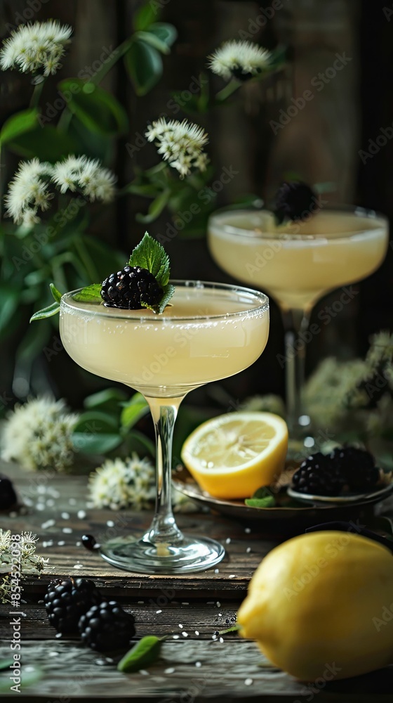 Cocktail with blackberries and lemon on a dark wood background Cocktail with blackberries and lemon on a dark wood background