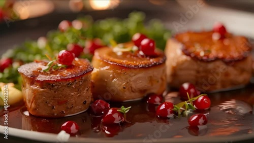 Gourmet Seared Foie Gras with Red Fruits at a Michelin-Starred Restaurant. Concept Fine Dining, Gourmet Food, Michelin-Star Restaurant, Seared Foie Gras, Red Fruits photo