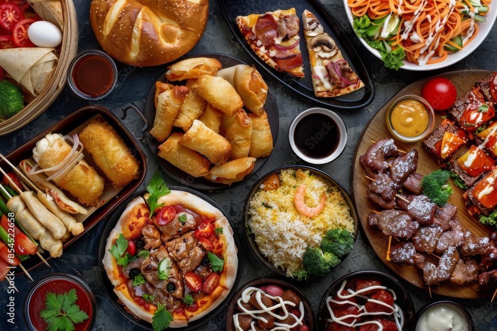 Diverse international food spread on dark table Diverse international food spread on dark table