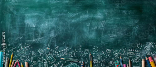 A green chalkboard with white chalk drawings of school supplies, including pencils, a heart, a notebook, a book, a calendar, and a flower. Back to school photo