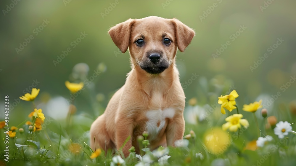 The puppy sits in a green meadow picture The puppy sits in a green meadow picture