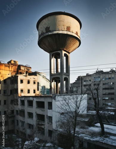 Tower of the Aqueduct with rust, brutalist architecture in the city