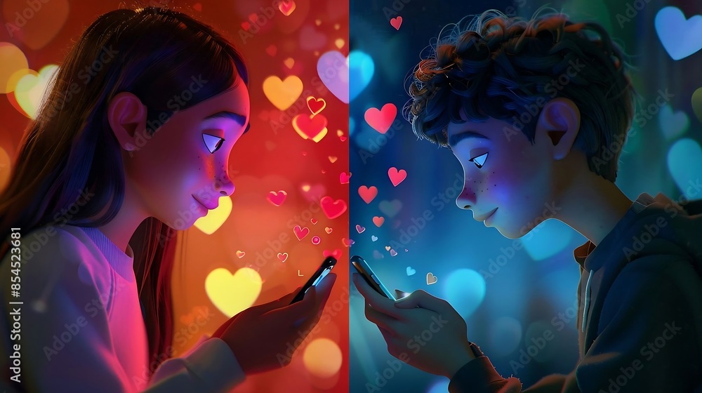 Obraz premium Young couple connects through mobile devices with floating hearts for online romance or dating.