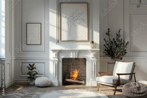 Blank mock up picture frames above a cozy fireplace, traditional living room, 3d render, 3d illustration © Mohammad Wakhid