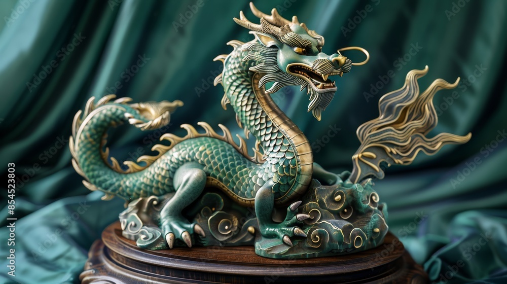 Fototapeta premium Stunning Jade Dragon Sculpture with Gold Accents, Generative AI