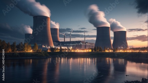 Rendering of a nuclear power plant with floating turbines and air coolers