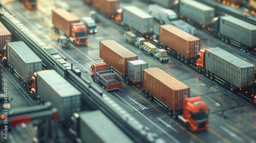 Aerial view of a busy logistics hub with various trucks loading and unloading cargo containers for efficient distribution and transportation of goods and merchandise Aerial view of a busy logistics hub with various trucks loading and unloading cargo containers for efficient distribution and transportation of goods and merchandise