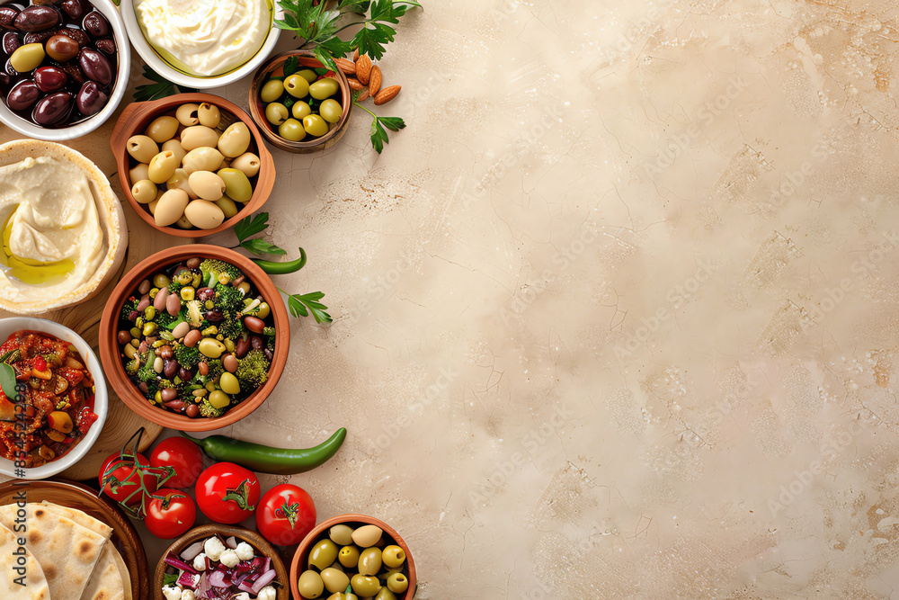 Mediterranean mezze platter, copy space on left, fresh and inviting spread Mediterranean mezze platter, copy space on left, fresh and inviting spread