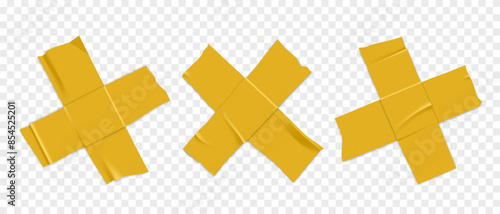 Vector set of 3D realistic yellow cross adhesive tape. Torn pieces of masking tape isolated on transparent background. PNG duct tape.