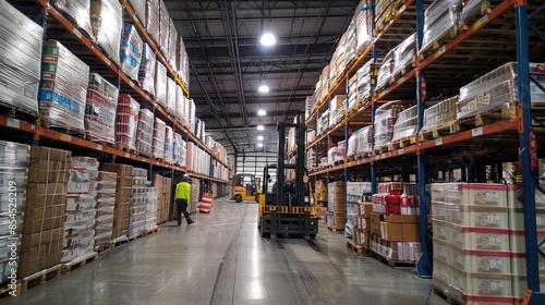 Forklift Operator Transporting Pallets of Goods in a Large Warehousing and Distribution Center for Commercial and Industrial Logistics