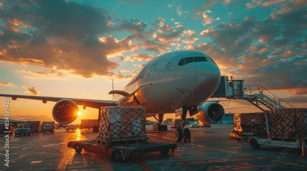 International cargo plane loaded with freight containers packages and crates being loaded and unloaded on the airport tarmac during a vibrant sunset sky with dramatic clouds International cargo plane loaded with freight containers packages and crates being loaded and unloaded on the airport tarmac during a vibrant sunset sky with dramatic clouds