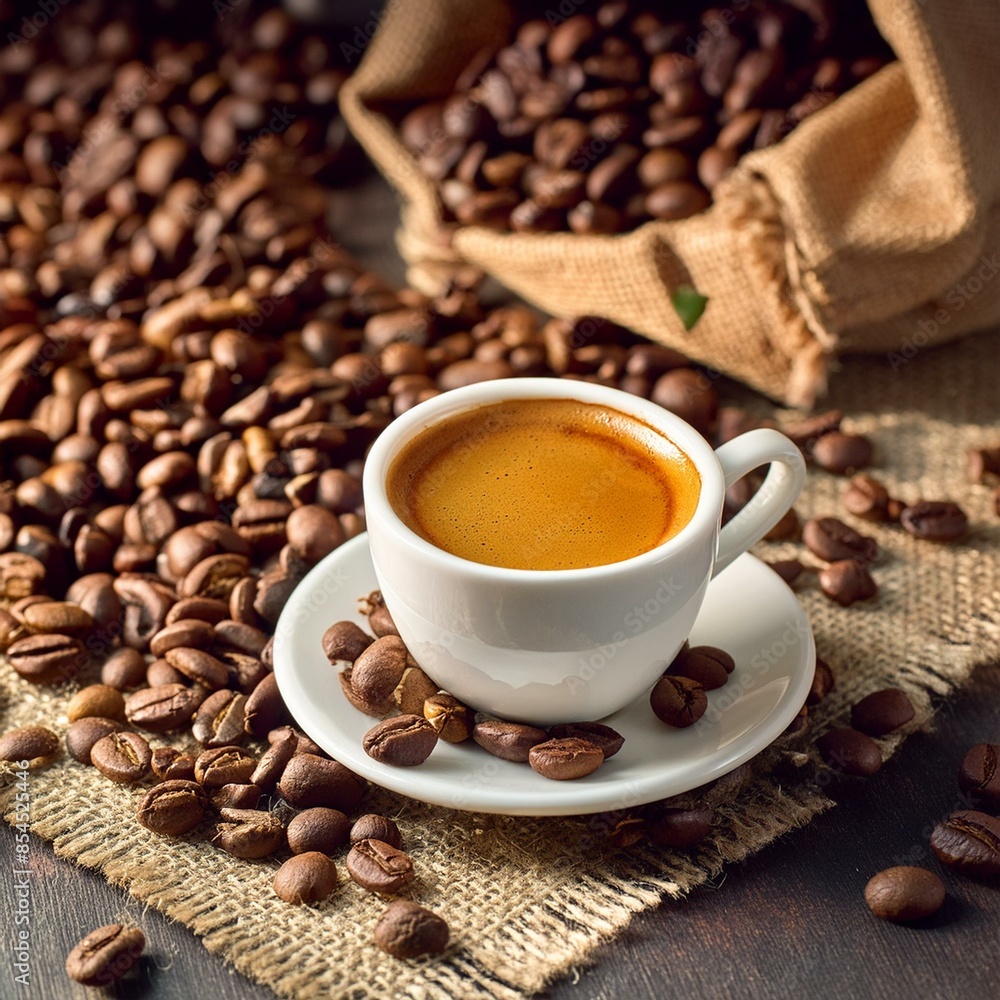 Coffee in cup and coffee beans Coffee in cup and coffee beans