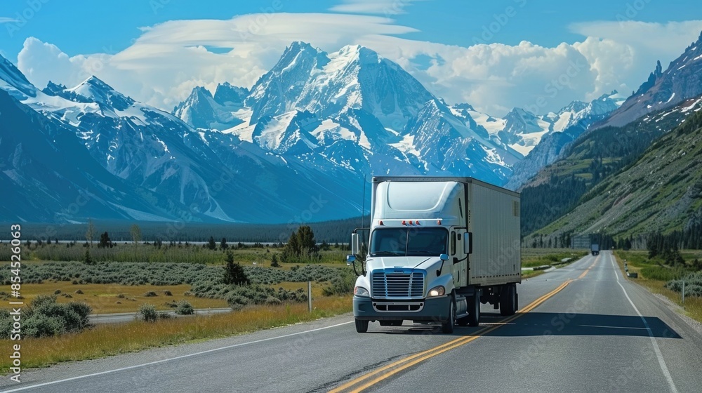 Refrigerated semi truck transporting perishable goods and cargo along a winding rural road through a picturesque mountain landscape with snow capped peaks meadows and a blue sky with fluffy clouds Refrigerated semi truck transporting perishable goods and cargo along a winding rural road through a picturesque mountain landscape with snow capped peaks meadows and a blue sky with fluffy clouds