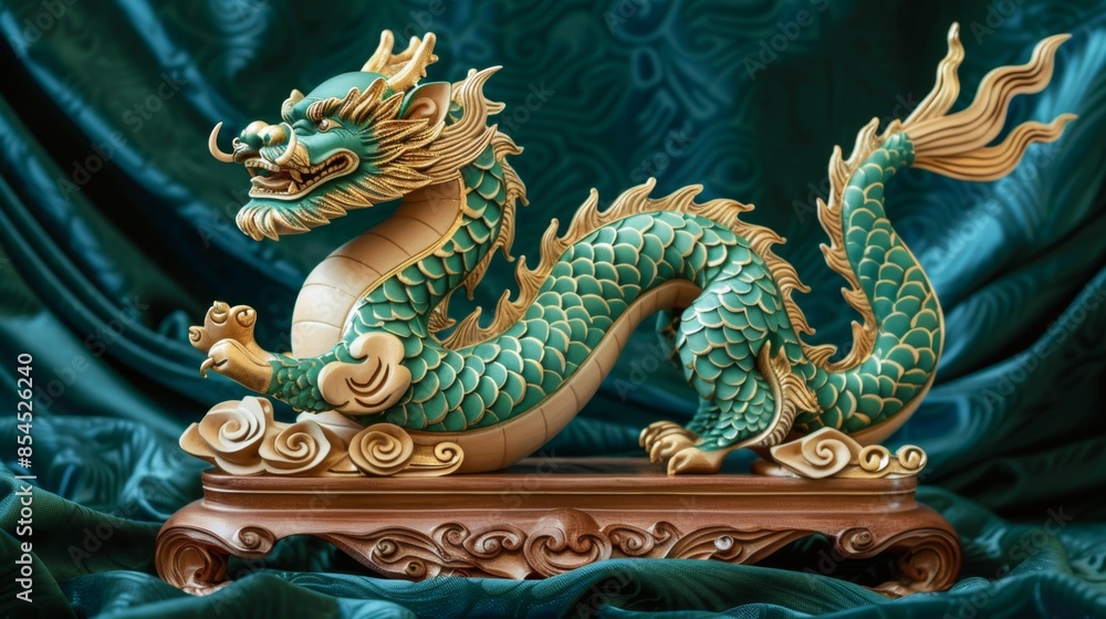 Obraz premium Beautiful Green and Gold Dragon Statue on Wooden Base, Generative AI