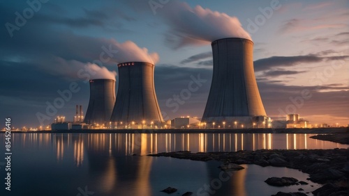 Rendering of a nuclear power plant with floating turbines and air coolers