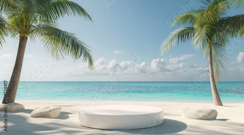 Empty white podium pedestal on a tropical beach background for product display presentation. Luxury summer vacation concept.  illustration with copy space area, in the © Olha Havelia