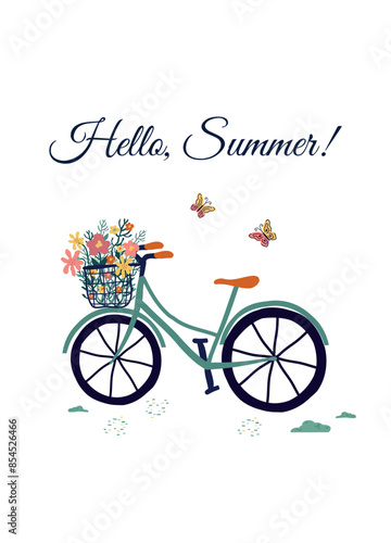summer, a trending illustration of a bicycle, a butterfly, flowers. a hand-drawn concept in a minimalist style. for print, banner, print, social media. art vector illustration.