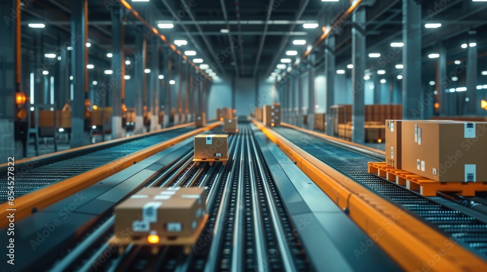 Photo of an automated sorting facility with multiple conveyor belts and barcode scanners showcasing a highly efficient system for managing logistics inventory Photo of an automated sorting facility with multiple conveyor belts and barcode scanners showcasing a highly efficient system for managing logistics inventory