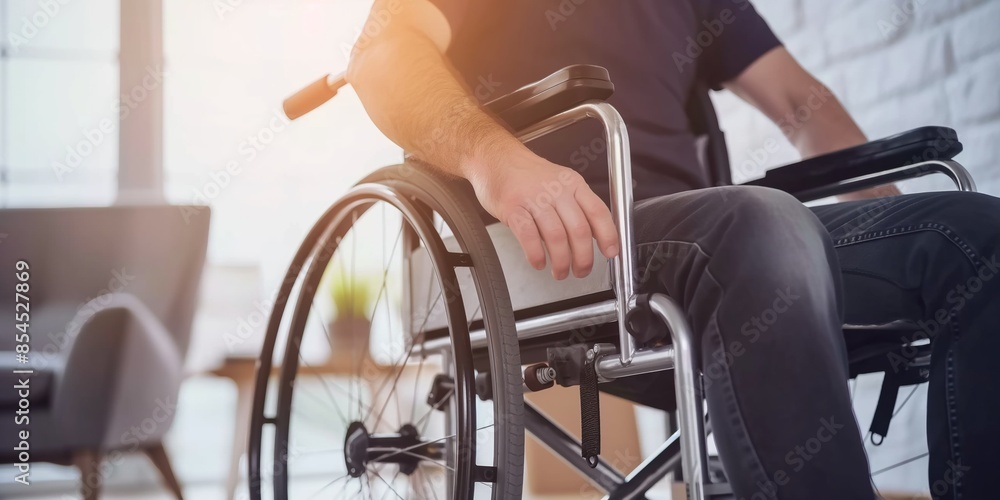 Obraz premium A man in a wheelchair sits at home and focuses on his mobility and health.