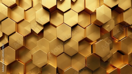 Illustration gold geometric hexagon three dimension abstract background. AI generated