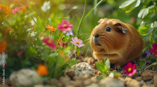 A guinea pig sniffs colorful flowers photo