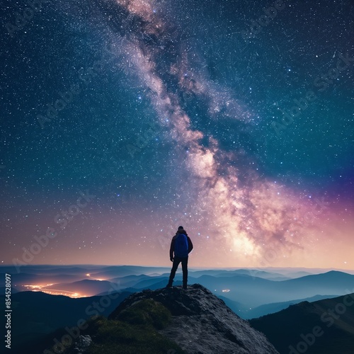 A mountaineer standing on a peak under a starry night sky, with the Milky Way overhead.