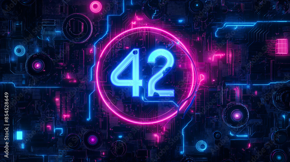 Fototapeta premium Neon Tube 42 on High Tech Holographic Background. Advanced Technology, Software Engineering, Innovation, Cyberspace, AI. Multiverse, Science Fiction, Ultimate Answer, Retro, Ultraviolet Glow