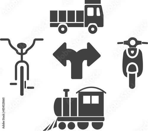 railway engine, fire brigade truck, cycle, motor bike and arrow sign