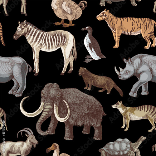 Seamless pattern with hand drawn extinct animals © Marina Gorskaya